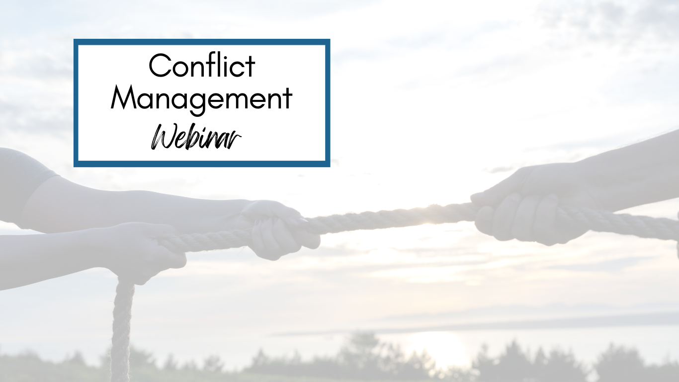 Two sets of hands are pulling at a rope like in a tug o war game. In the upper left corner is a box with black text on a white background that reads Conflict Management Webinar